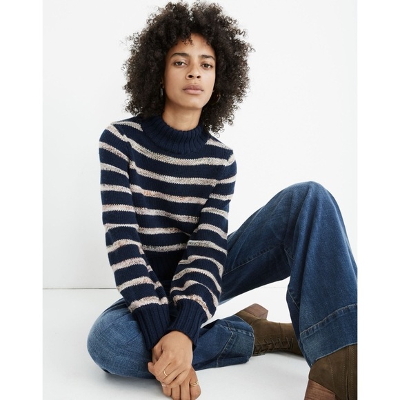 Madewell Wool Blend Striped Metcalf Mockneck Sweater Dark Nightfall - Picture 2 of 12
